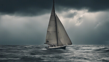 A small sailboat racing against time to reach the shore as a sudden thunderstorm rolls in, with dark clouds overhead and wind whipping through the sails.
