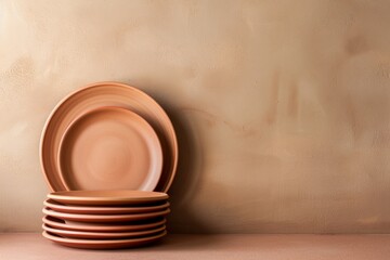 Poster - Blurry Terracotta Plates in Symmetrical Abstract Composition, Soft Brown Dining Room with Beige Wall - High-Definition Long Exposure