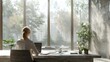 © Рудой Максим - Professional Woman Working at Modern Desk With Scenic Forest View in Bright Natural Light. Generative AI