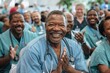 © Milos - A happy and smiling doctor dressed in scrubs, surrounded by clapping colleagues, highlighting camaraderie and appreciation within the medical community.