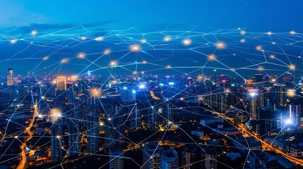 Poster - Telecommunication network above city wireless mobile internet technology for smart grid or 5G LTE data connection concept about IoT global business fintech blockchain : Generative AI