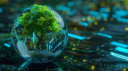 Leinwandbilder - Tree growing on Circuit digital ball Digital and Technology Convergence Blue light and Wireframe network background Green Computing Green Technology Green IT csr and IT ethics Concept : Generative AI