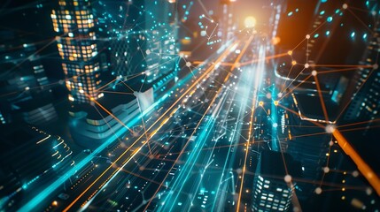 Fototapete - Smart city connection  dot point connect with line network technology metaverse conceptBig data connection technology Telecommunication and communication network concept : Generative AI