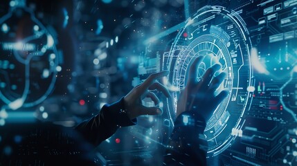 Poster - A person interacting with a futuristic holographic interface featuring digital data and connections on a blue background showcasing technology concept : Generative AI