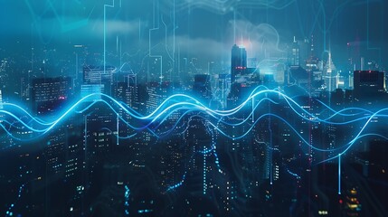 Poster - Smart city and big data connection technology concept with digital blue wavy wires with antennas on night megapolis city skyline background double exposure : Generative AI