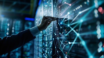 Leinwandbilder - Big data digital technology concept Software engineer touching on virtual internet network connection with data center network server innovative futuristic technology background data m : Generative AI