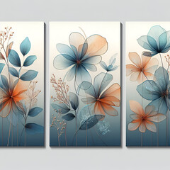 Wall Mural - Three abstract botanical wall painting panels featuring orange and blue translucent flowers