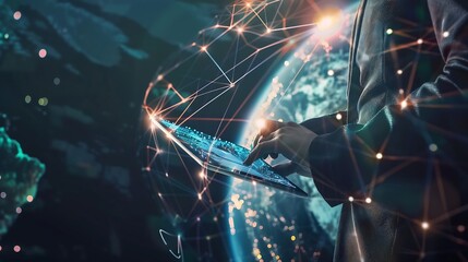 Aufkleber - Global internet network connection global business internet of thing concept Business man using digital tablet social networking digital marketing internet technology futuristic tech b : Generative AI