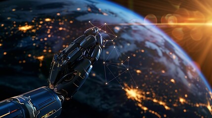 Poster - Robot hand with network connection on earth Artificial intelligence and digital technology connection internet big data analytics and business concepts ecommerce social networking AI : Generative AI