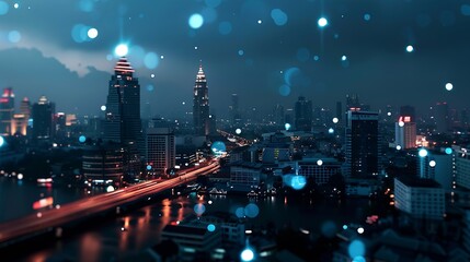Fototapete - Smart city dot point connect with gradient line connection technology metaverse concept Bangkok Thailand night city banner with big data : Generative AI