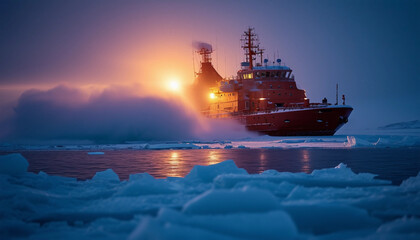 An icebreaker ship cutting through thick sea ice in the Arctic, under the dim light of the polar night, as snow and wind swirl around it.
