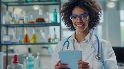 Poster - Portrait science and smile of woman with tablet in laboratory for medical research or job as chemist Digital scientist and face of mature doctor on tech for pharma study healthcare or  : Generative AI