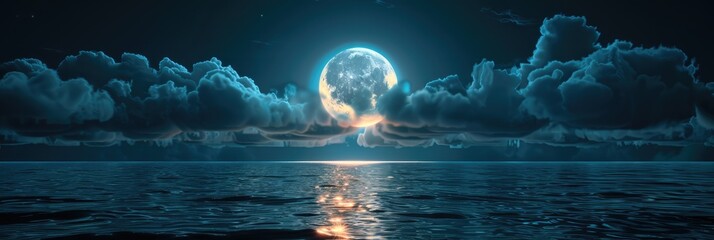 Poster - Photorealistic Night Sky with Softly Colored Textured Clouds and Radiant Full Moon Reflecting on Calm Ocean