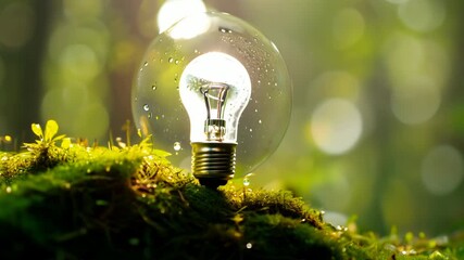 light bulb on mossy surface in a lush forest setting symbolizes sustainable energy