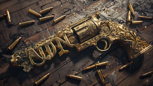 A gold gun with the letters ANN on it is surrounded by bullets