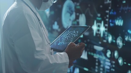 Poster - Medical technology EMRs Electronic medical record system concept Doctor using digital tablet laptop computer with electronic health data and  internet network connection virtual hospit : Generative AI