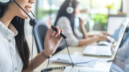Poster - Happy woman call center and laptop with headphones in remote work for customer service or support at home office Friendly female person consultant or freelance agent smile in online ad : Generative AI