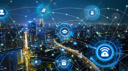 Poster - Smart city and intelligent communication network of things wireless connection technologies concept : Generative AI