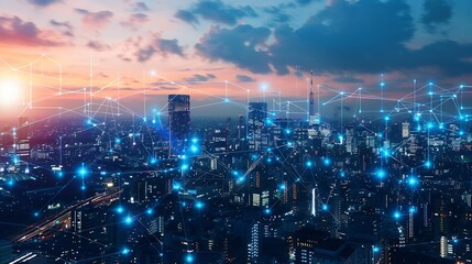 Fototapete - Global world telecommunication network Wireless Communication on modern cityscape background : Generative AI
