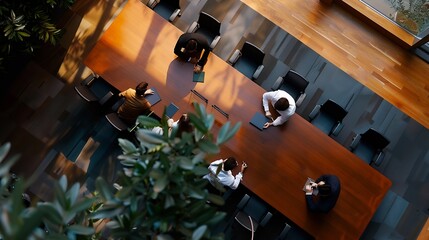 Poster - Group of business people are gathered in a meeting room discussing and sharing ideas around a large conference table High angle view : Generative AI