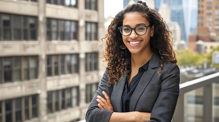 Aufkleber - Woman smile and outside on balcony with arms crossed for happiness in portrait with pride for company Glasses designer and employee with outdoor office for relax on break in urban town : Generative AI