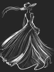 Beautiful woman in a long dress on a dark background. Vector illustration.