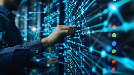 Leinwandbilder - Big data digital technology concept Software engineer touching on virtual internet network connection with data center network server innovative futuristic technology background data m : Generative AI