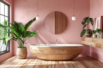 Wall Mural - Modern minimalist bathroom interior, modern pink bathroom cabinet, white sink, wooden vanity, Generative AI