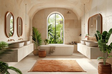 Wall Mural - Modern beige bathroom interior with double sink and mirrors, carpet on concrete floor, bathtub, shower area, plants. Bathing accessories and window in, Generative AI