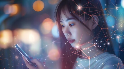 Poster - Wireless communication network concept Mobile technologyYoung asian woman using a smart phone : Generative AI