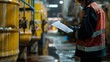 © The Little Hut - A worker is checking on the hazardous chemical material information form with background of chemical storage area at the factory place Industrial safety working action Selective focus : Generative AI