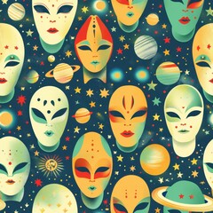 Wall Mural - enigmatic alien masks amidst cosmic planets and stars pattern