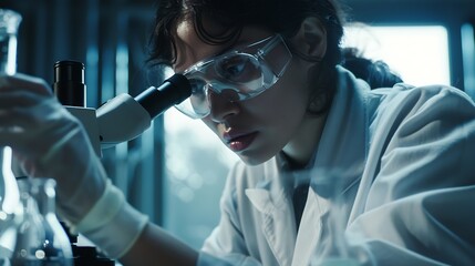 Fototapete - Confident female scientist conducting research in medical laboratory A researcher in the foreground is using a microscope Medical test tube : Generative AI
