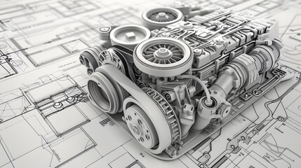 Wall Mural - Detailed 3D mechanical engine blueprint with exploded view, emphasizing the serpentine belt system 