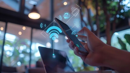 Fototapete - People hand using smartphone or computer laptop to access smart home application from internet wireless connection to control and monitoring smart device inside of the house Internet o : Generative AI