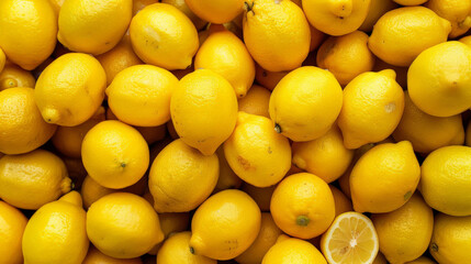 A vibrant display of fresh yellow lemons, filling the background completely. The lemons' bright color and juicy appearance make them look incredibly tempting and fresh.