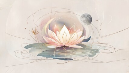 Canvas Print - A serene lotus flower rests on still water, encircled by soft swirls and a glowing moon overhead