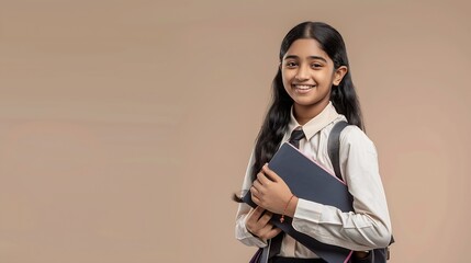 Aufkleber - Happy Indian student modern schoolgirl wearing school uniform holding books and bag standing isolated over beige background Studio shot Education concept : Generative AI