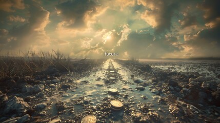 Aufkleber - Serene Landscape with Path of Coins Leading to the Word 