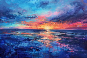 Wall Mural - a painting of a sunset over the ocean