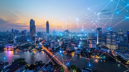 Leinwandbilder - Wireless network and Connection technology concept with Abstract Bangkok city background : Generative AI
