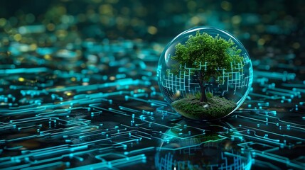 Leinwandbilder - Tree growing on Circuit digital ball Digital and Technology Convergence Blue light and Wireframe network background Green Computing Green Technology Green IT csr and IT ethics Concept : Generative AI