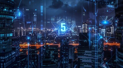 Leinwandbilder - 5G network digital hologram and internet of things on city background5G network wireless systems : Generative AI
