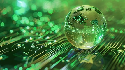 Concept of green technology crystal globe on circuit board technology innovations Environment Green Technology Computer ChipGreen Computing and Technology CSR and IT ethics Ai : Generative AI