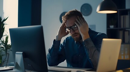 Canvas Print - Man with glasses looks stressed at his desk.