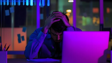 Wall Mural - A young man sits at his desk with his head in his hands, looking defeated.