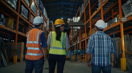 Wall Mural - Rear view on Manager and staff talking discussing while walking in warehouse caucasian people in factory with safety helmet vest Concept for industry job meeting work training and team : Generative AI