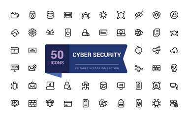 Poster - Set of Cyber security web icons in line style. Related to Guard, password, safety, key, shield. Minimalist thin linear web ui icon set. Simple editable vector stroke illustration.