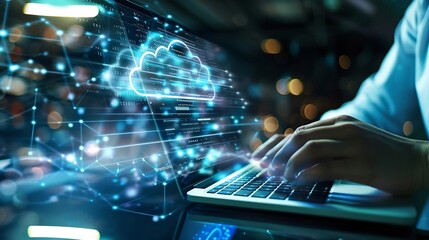 Leinwandbilder - Digital technology data exchange cloud computing global business concept Businessman working on laptop and digital tablet with internet network futuristic technology background : Generative AI
