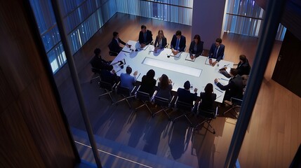 Poster - Group of business people are gathered in a meeting room discussing and sharing ideas around a large conference table High angle view : Generative AI